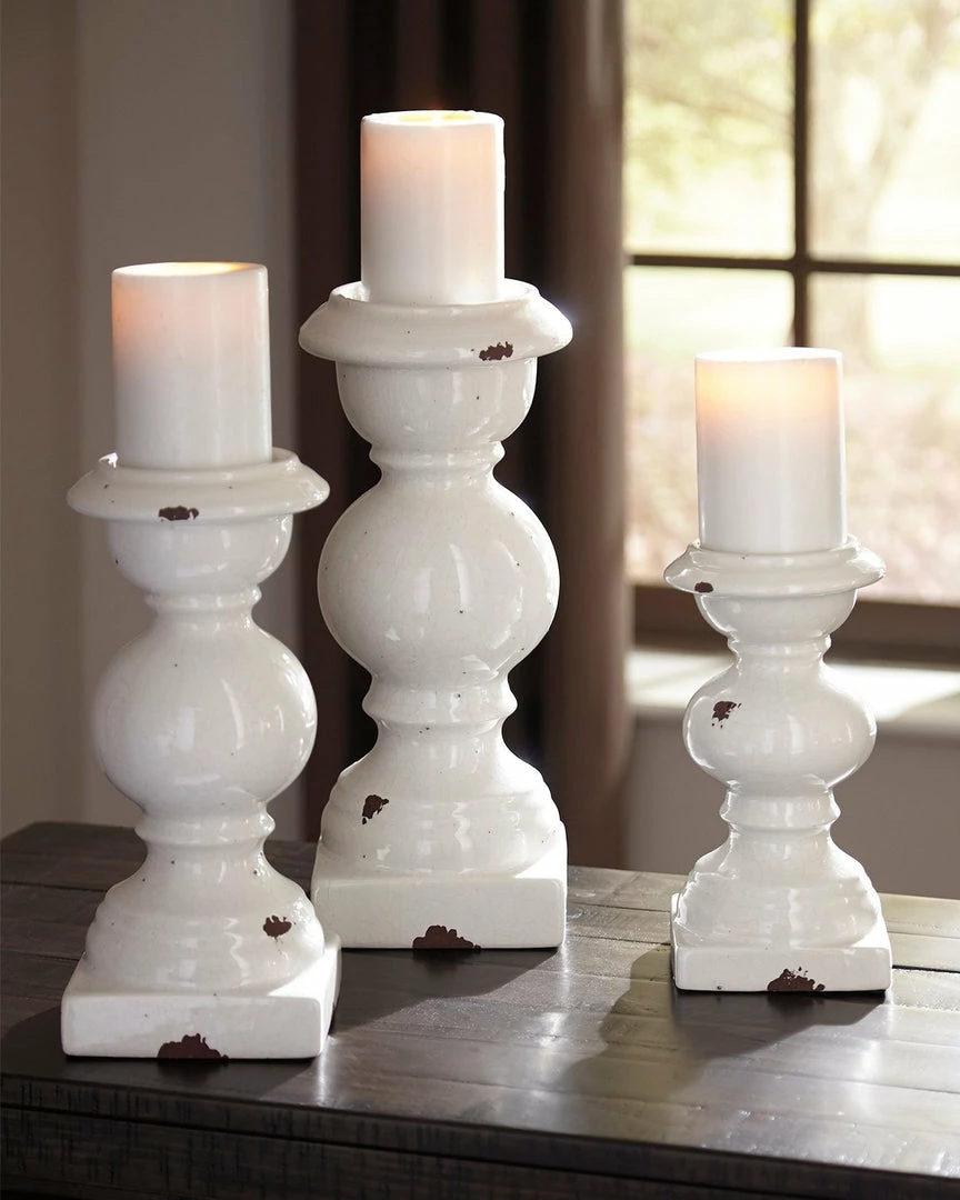 Hot Sale 🌟 Ashley Furniture Devorah - Antique White - Candle Holder Set (3/cn) Table Decor 😀 4 Ashley Furniture Devorah - Antique White - Candle Holder Set (3/cn) Table Decor