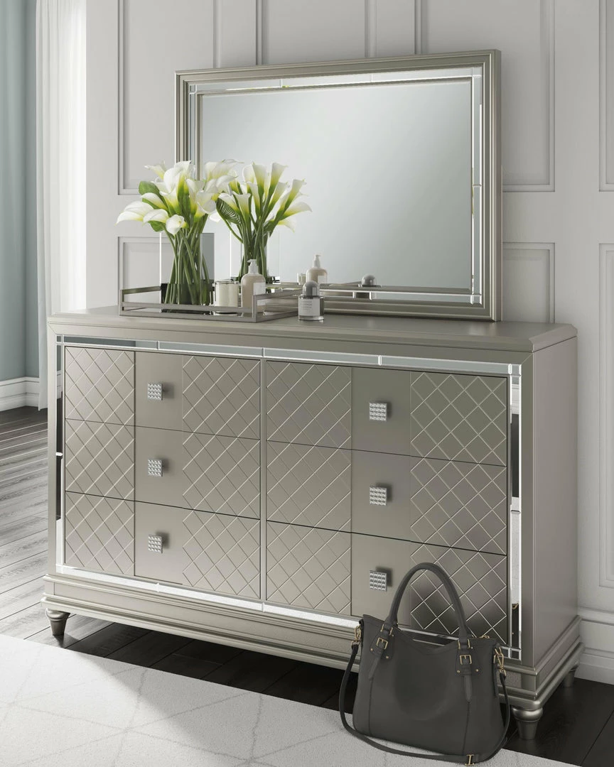 Outlet ⌛ Signature Design By Ashley® Chevanna - Platinum - 5 Pc. - 👗 Dresser, Mirror, King Upholstered Panel Bed 🔥 4 Signature Design By Ashley® Chevanna - Platinum - 5 Pc. - Dresser, Mirror, King Upholstered Panel Bed