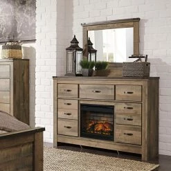Signature Design By Ashley® Trinell - Best In Class - Dresser, Mirror With Faux Firebrick Fireplace Insert Fireplaces