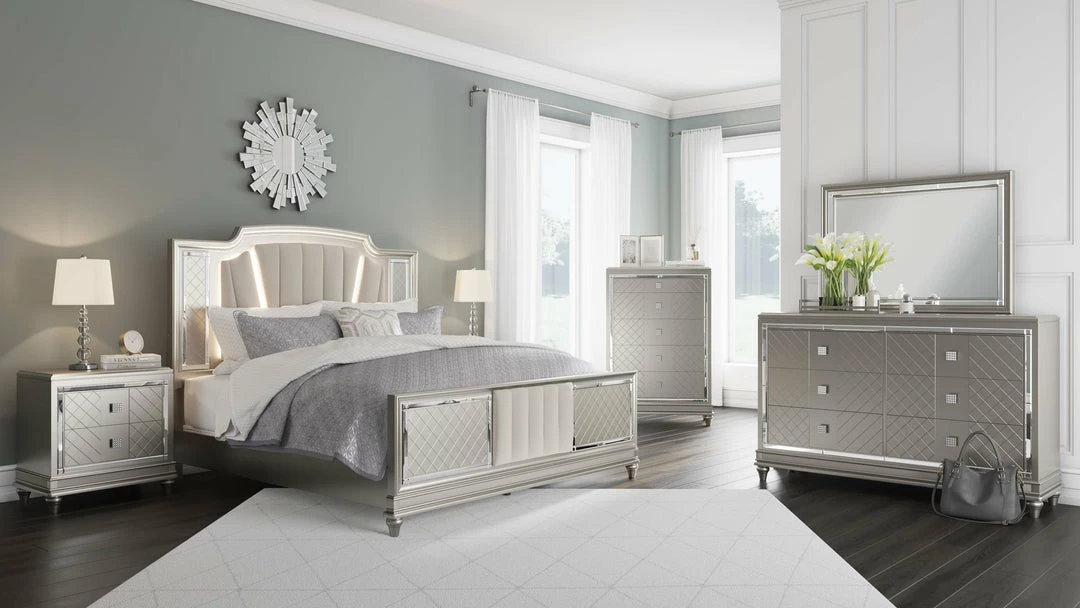 Outlet ⌛ Signature Design By Ashley® Chevanna - Platinum - 5 Pc. - 👗 Dresser, Mirror, King Upholstered Panel Bed 🔥 3 Signature Design By Ashley® Chevanna - Platinum - 5 Pc. - Dresser, Mirror, King Upholstered Panel Bed