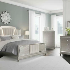 Signature Design By Ashley® Chevanna - Platinum - 8 Pc. - Dresser, Mirror, Chest, King Upholstered Panel Bed, 2 Nightstands