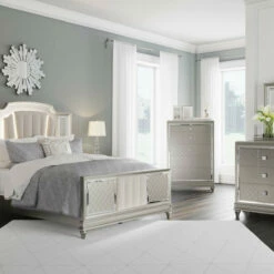 Signature Design By Ashley® Bedroom Sets Chevanna - Platinum - 7 Pc. - Dresser, Mirror, Queen Upholstered Panel Bed, 2 Nightstand