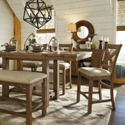 Signature Design By Ashley® Moriville - Gray - Rectangular Dining Room Counter Extension Table, 4 Upholstered Barstools, Double Upholstered Bench Dining Room Sets