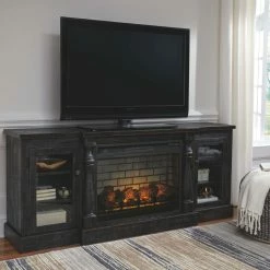 Signature Design By Ashleyยฎ Mallacar - Black - 2 Pc. - 75" Tv Stand With Electric Infrared Fireplace Insert Fireplaces