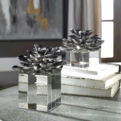 Uttermost Indian Lotus Metallic Silver Flowers S/2
