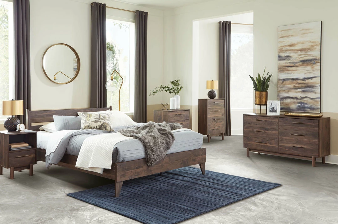 Brand new ✨ Signature Design By Ashley® Calverson - Mocha - 6 Pc. - 👗 Dresser, Three Drawer Chest, Four Drawer Chest, Queen Panel Platform Bed, Nightstand 🎉 3 Signature Design By Ashley® Calverson - Mocha - 6 Pc. - Dresser, Three Drawer Chest, Four Drawer Chest, Queen Panel Platform Bed, Nightstand