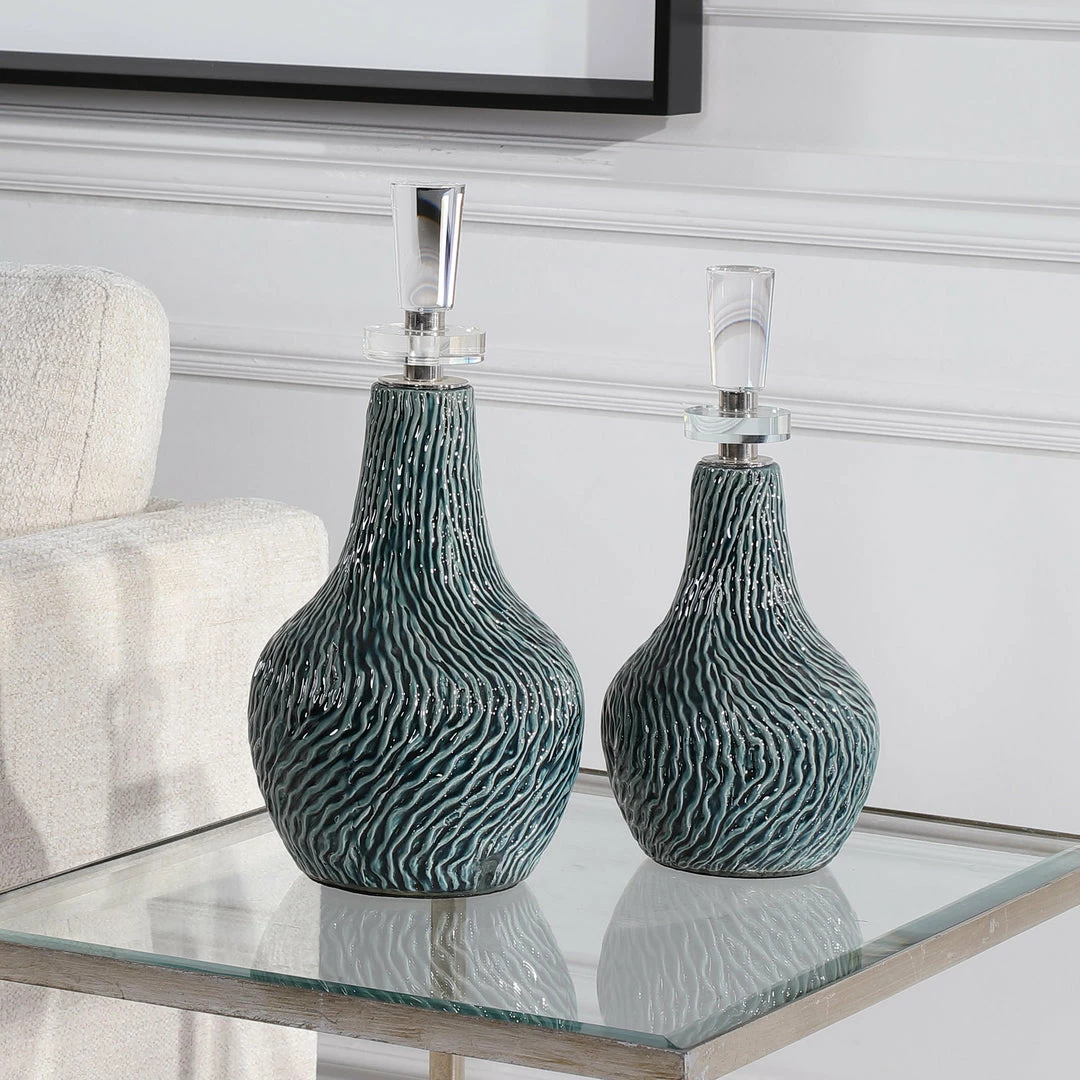 Best Pirce 🧨 Uttermost Almera Dark Teal Bottles, S/2 Table Decor ⭐ 5 Uttermost Almera Dark Teal Bottles, S/2 Table Decor