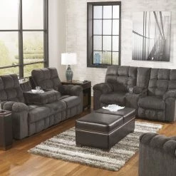 Signature Design By Ashley® Reclining Furniture Acieona - Slate - Reclining Sofa With Drop Down Table, Double Rec Loveseat With Console, Swivel Rocker Recliner