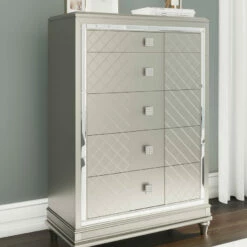 Signature Design By Ashley® Bedroom Sets Chevanna - Platinum - 8 Pc. - Dresser, Mirror, Chest, Queen Upholstered Panel Bed, 2 Nightstands