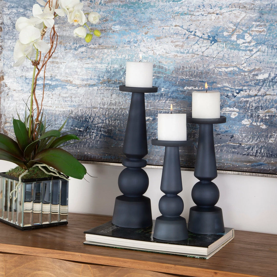 Flash Sale 🤩 Uttermost Cassiopeia Blue Glass Candleholders, S/3 😉 5 Uttermost Cassiopeia Blue Glass Candleholders, S/3