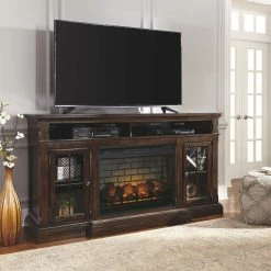 Signature Design By Ashley® Roddinton - Dark Brown - 2 Pc. - 74" Tv Stand With Electric Infrared Fireplace Insert