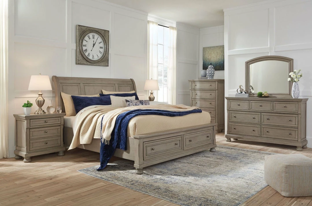 Outlet ❤️ Signature Design By Ashley® Beds Lettner - Light Gray - Sleigh Bed With 2 Storage Drawers ✔️ 4 Signature Design By Ashley® Beds Lettner - Light Gray - Sleigh Bed With 2 Storage Drawers
